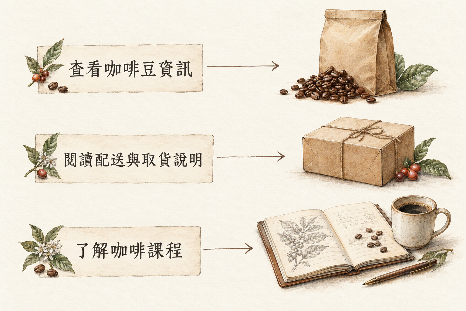 手繪連結去向示意：三組文字入口的箭頭分別指向咖啡豆袋、配送包裹，以及筆記本與咖啡杯。